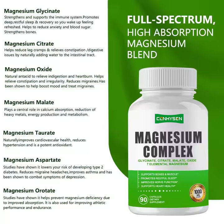 Magnesium Complex Capsules Citrate Oxide Glycinate Malate Supplement for Supports Bones Muscle