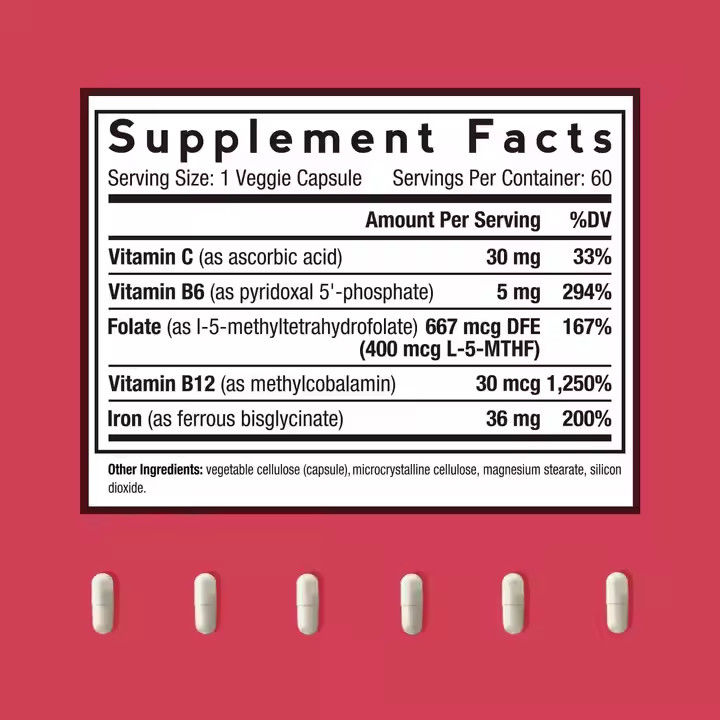 Iron Capsules With Vitamins Supplement Support Red Blood Cells Formation 60 Capsules