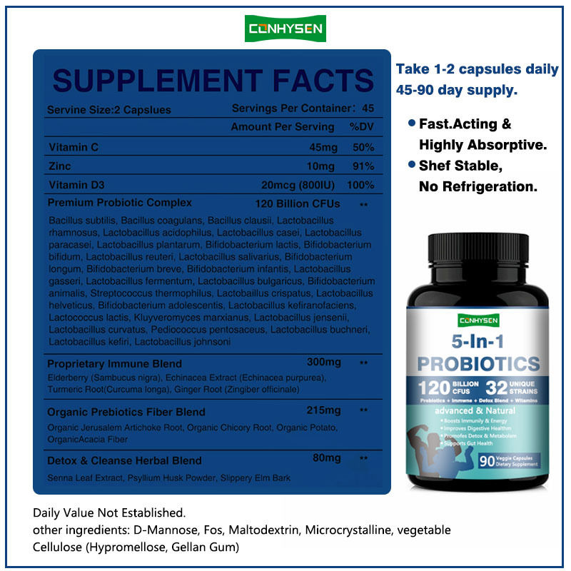 Factory Supply 5-In-1 Prebiotic Capsules Improves Digestives Health Premium Probiotics Complex