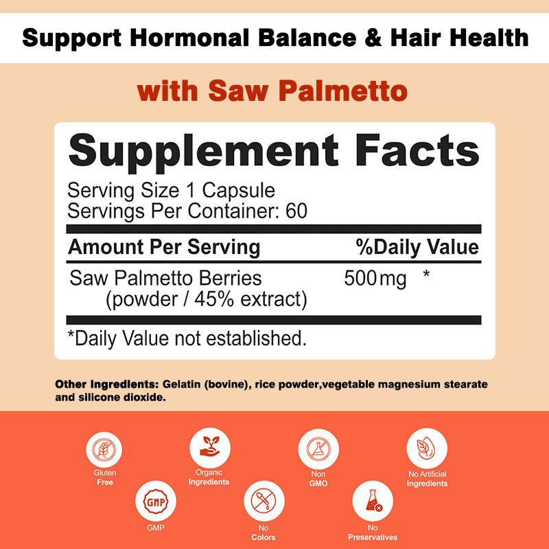 Non GMO Saw Palmetto Capsules 500mg Complex Support Hormonal Balance Hair Health