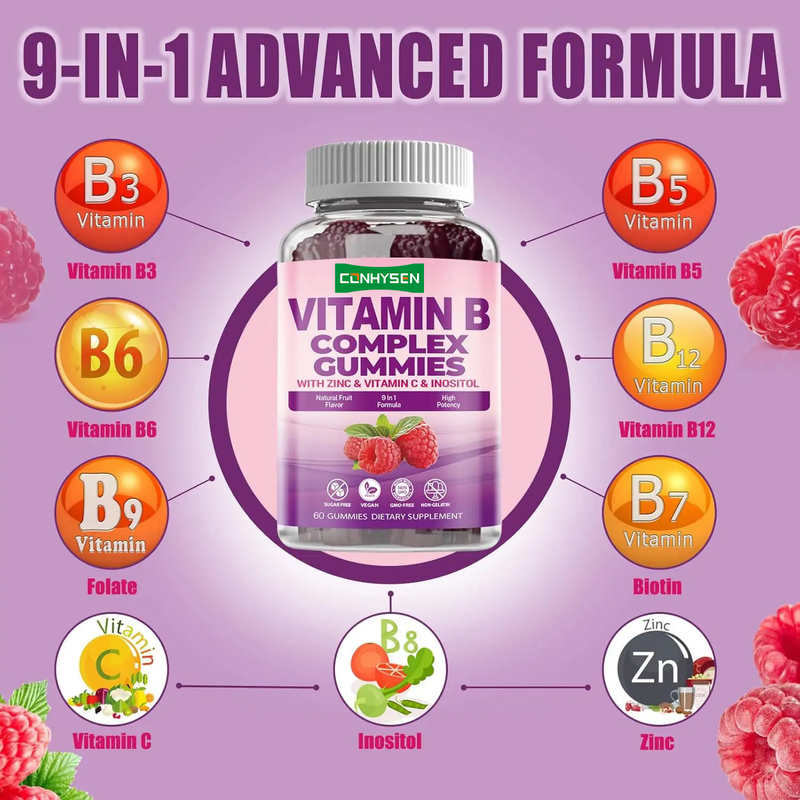 Vitamin B Complex Gummies for Immunity Booster Vitamin C B6 Zinc Folate Dietary Supplement Vitamin B12 Candy