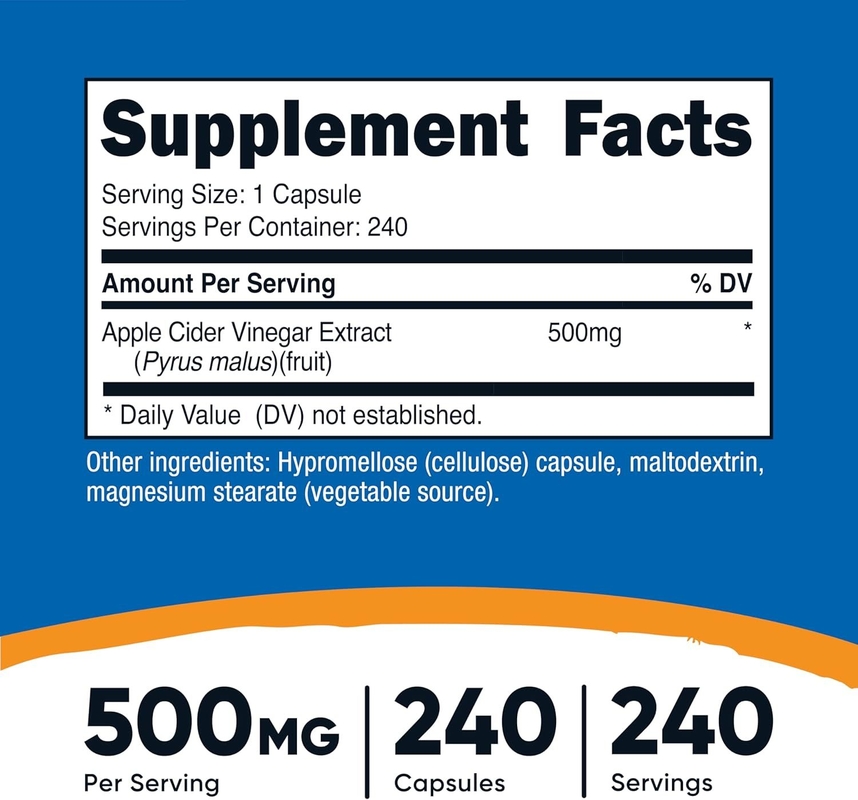 OEM Dietary Supplement Apple Cider Vinegar Capsules 500mg 240 Vegetarian Capsules Natural Vegetarian GMP Non-GMO Gluten-Free