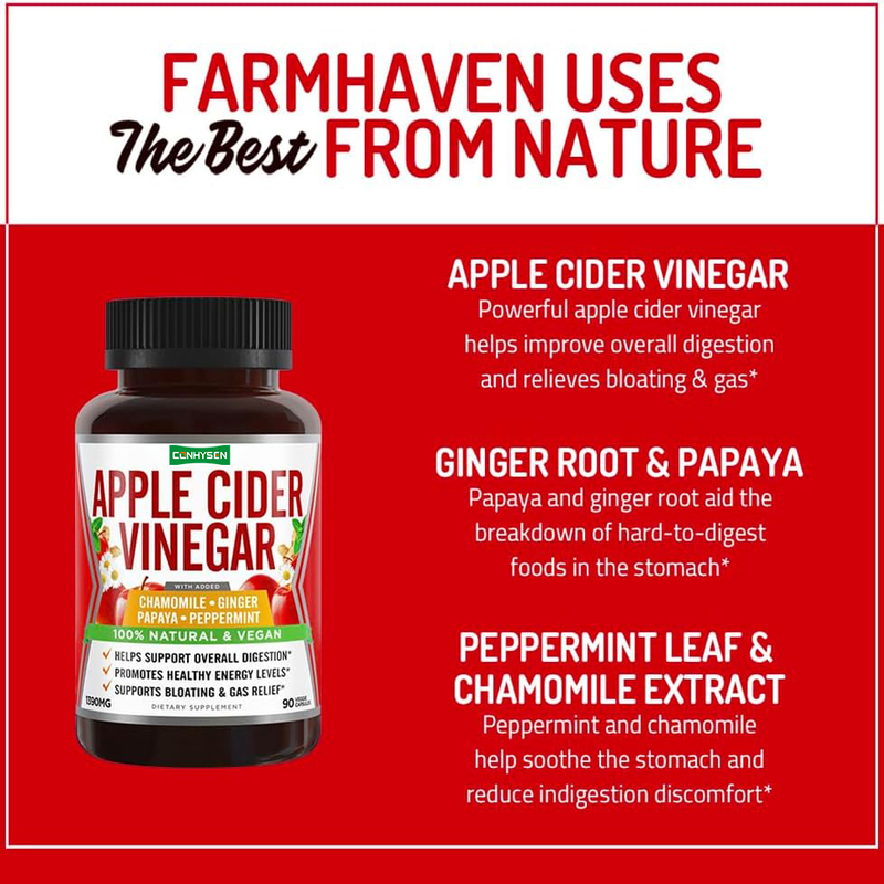 Apple Cider Vinegar Digestive Support Capsules with Ginger Papaya Chamomile Peppermint Natural Bloating Relief Energy Boost