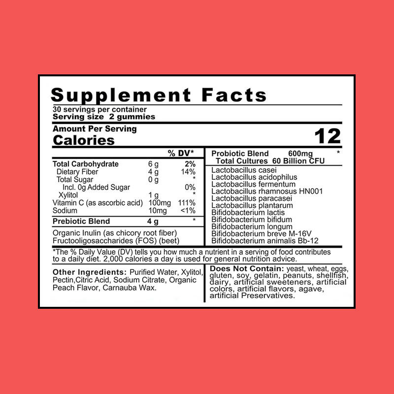 OEM/ODM 4g Prebiotics Probiotics Gummies 60 Billion CFU Immunity Booster Gut Health Enhancer with Antioxidant Properties Adults