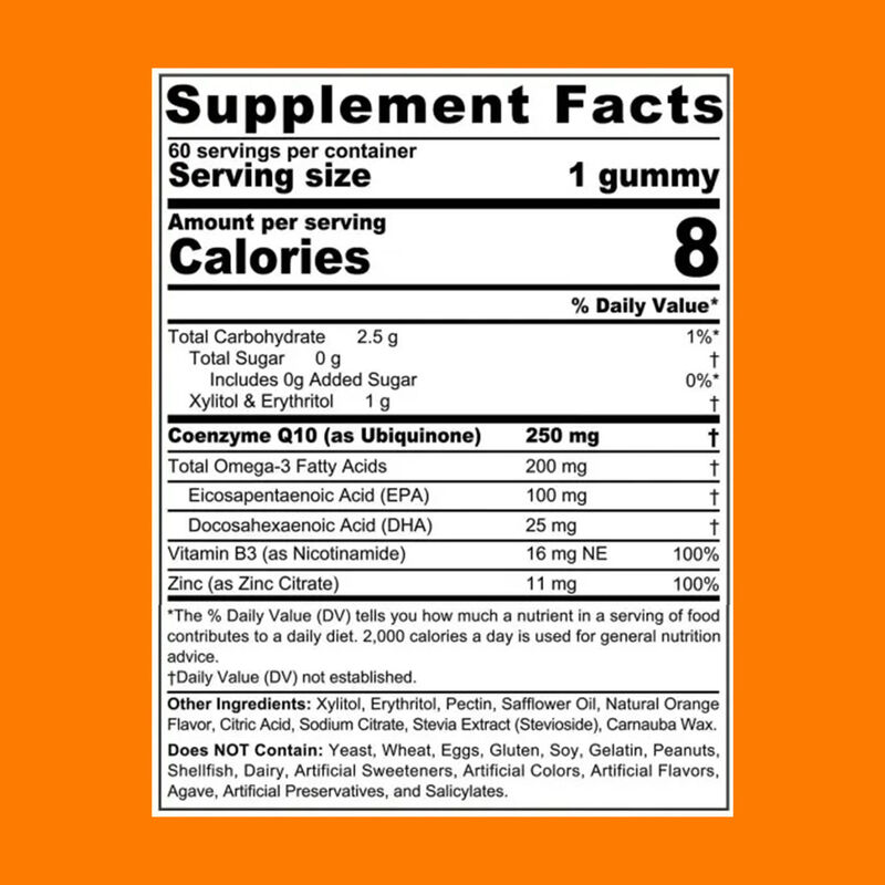 Vigo-COQ10-250mg Filled Gummies With Plus Omega-3 Vitamin B3 & Zinc Coenzyme Q10 Supplements for Heart Health Cellular Energy